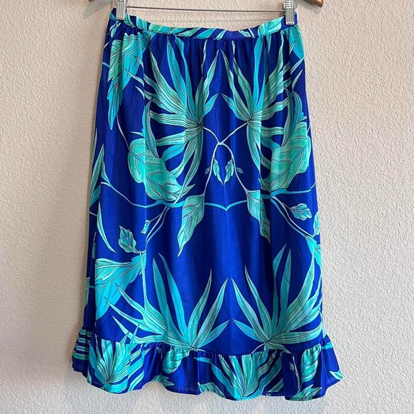 VTG 70S BLUE & GREEN FLORAL RUFFLE WRAP SKIRT W/ SLIT - Picture 5 of 7